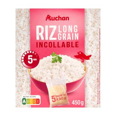 Auchan Riz long grain incollable en sachets cuisson, 5x90g