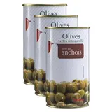 Auchan Olives vertes Manzanilla farcies aux anchois en conserve, Lot de 3x150g
