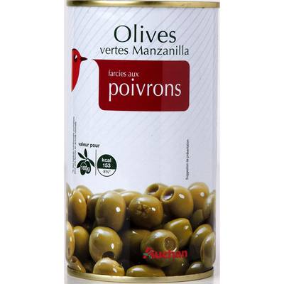 Auchan Olives vertes Manzanilla farcies aux poivrons en conserve, 150g