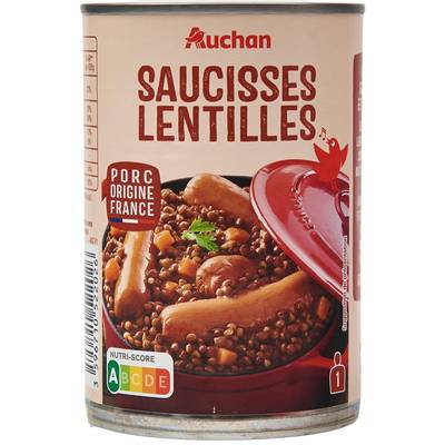 Auchan Saucisses aux lentilles en conserve individuelle, 420g
