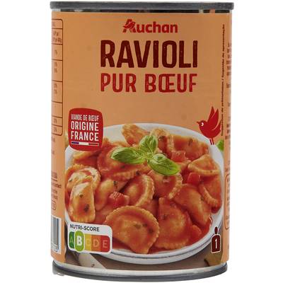 Auchan Ravioli pur boeuf viande bovine origine France en conserve individuelle, 400g