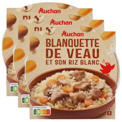 Auchan Blanquette de veau et riz micro-ondes en barquette individuelle micro-ondable, Lot de 3x300g