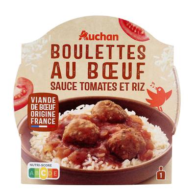 Auchan Boulettes au Boeuf Sauce Tomate et Riz en barquette individuelle micro-ondable, 300g