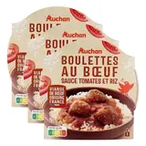 Auchan Boulettes au Boeuf Sauce Tomate et Riz en barquette individuelle micro-ondable, Lot de 3x300g