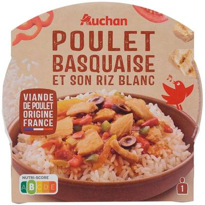 Auchan Poulet basquaise avec riz blanc en barquette individuelle micro-ondable, 285g