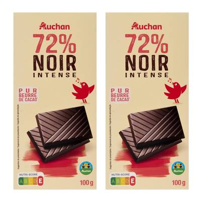 Auchan Tablette de chocolat noir 72%, Lot de 2x100g