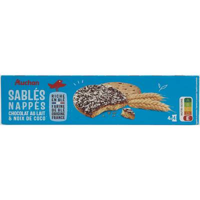 Auchan Biscuits sablés aux céréales nappés chocolat au lait et coco, 16 biscuits - 200g
