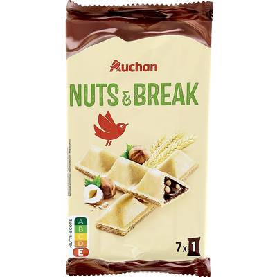 Auchan Nuts & Break Gaufrettes fourrées de pâte à tartiner cacao noisettes x7, 7 biscuits - 108g