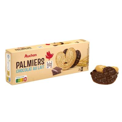 Auchan Palmiers biscuits feuilletés nappés au chocolat au lait, 12 biscuits - 100g