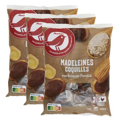 Auchan Madeleines coquilles marbrées au chocolat, Lot de 3x400g
