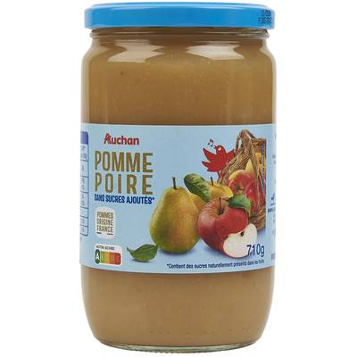 Auchan Purée de pomme poire sans sucres ajoutés en bocal, 710g