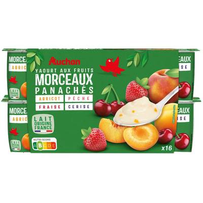 Auchan Yaourt aux fruits abricot pêche fraise cerise avec morceaux, 16x125g