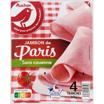 Auchan Jambon Supérieur de Paris Sans Couenne, 4 tranches - 140g
