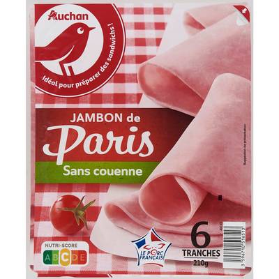 Auchan Jambon Supérieur de Paris Sans Couenne, 6 tranches - 210g