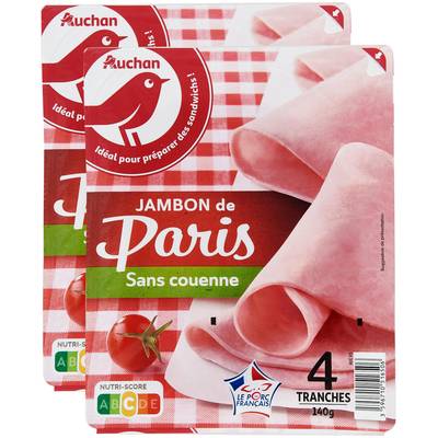 Auchan Jambon Supérieur de Paris Sans Couenne, Lot de 2x140g