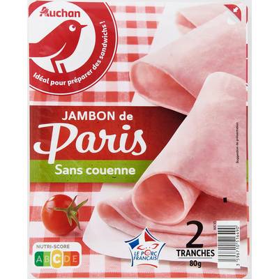 Auchan Jambon Supérieur de Paris Sans Couenne, 2 tranches - 80g