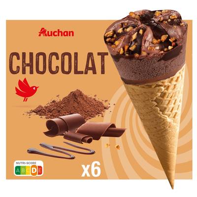 Auchan Cône glacé chocolat, 6 cônes - 450g