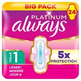 Always Serviettes Hygiéniques avec Ailettes Léger / Modéré Jour Taille 1 Platinum, 24 serviettes