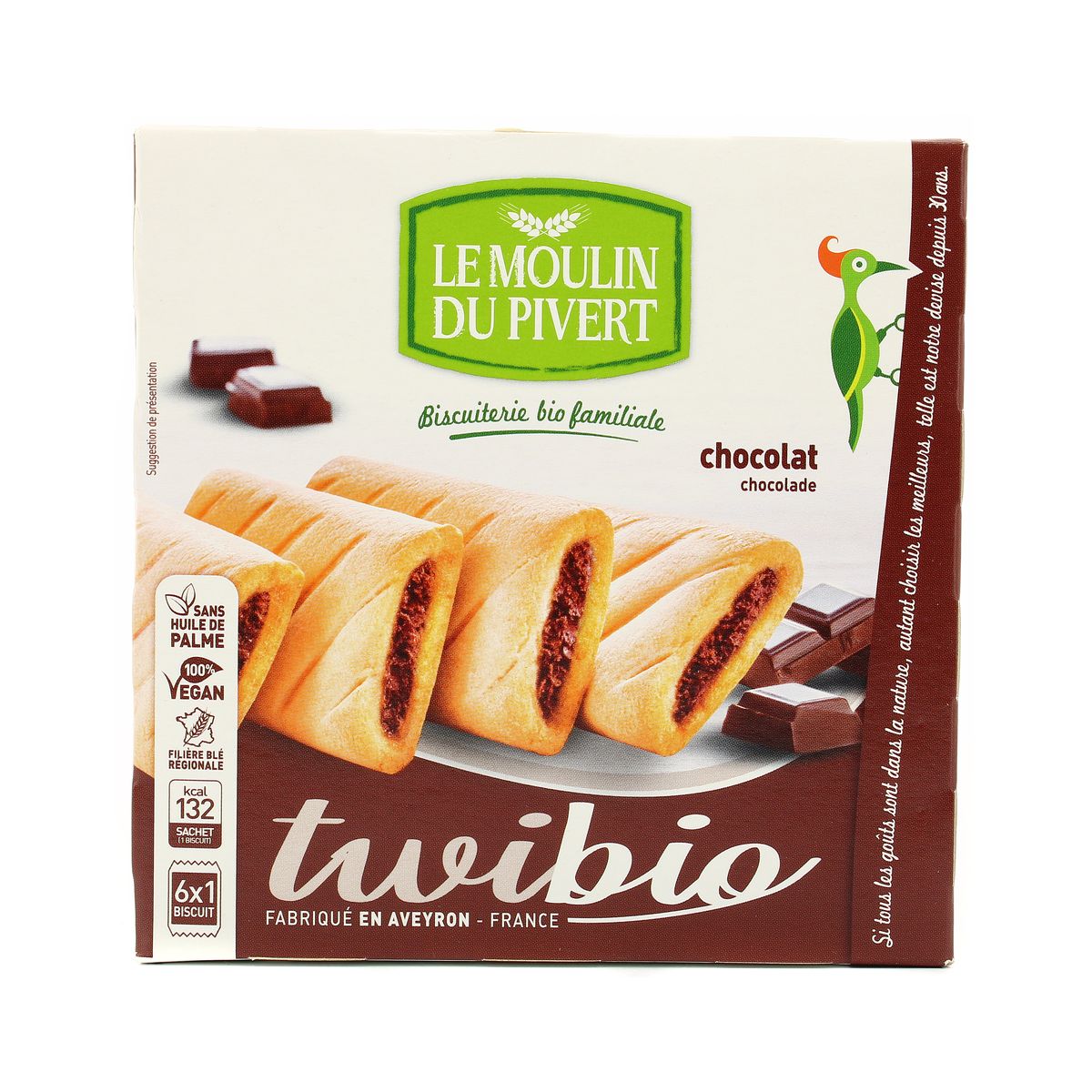 Le Moulin du Pivert Biscuits Twibio fourrés au chocolat Bio, 6 biscuits - 150g