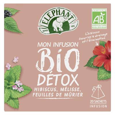Elephant Infusion bio détox hibiscus mélisse et feuilles de mûrier, 20 sachets