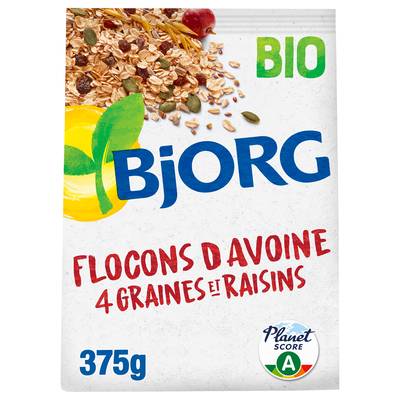 Bjorg Flocons d'avoine 4 graines et raisins Bio, 375g