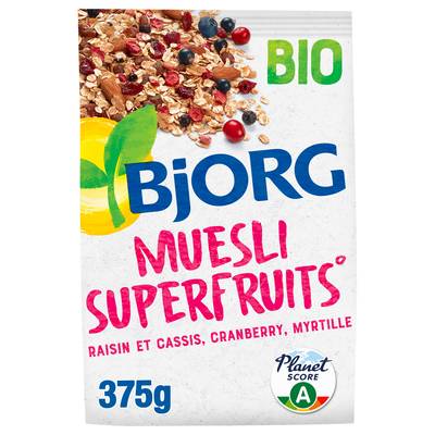 Bjorg Muesli superfruits raisin cassis cranberry myrtille bio, 375g