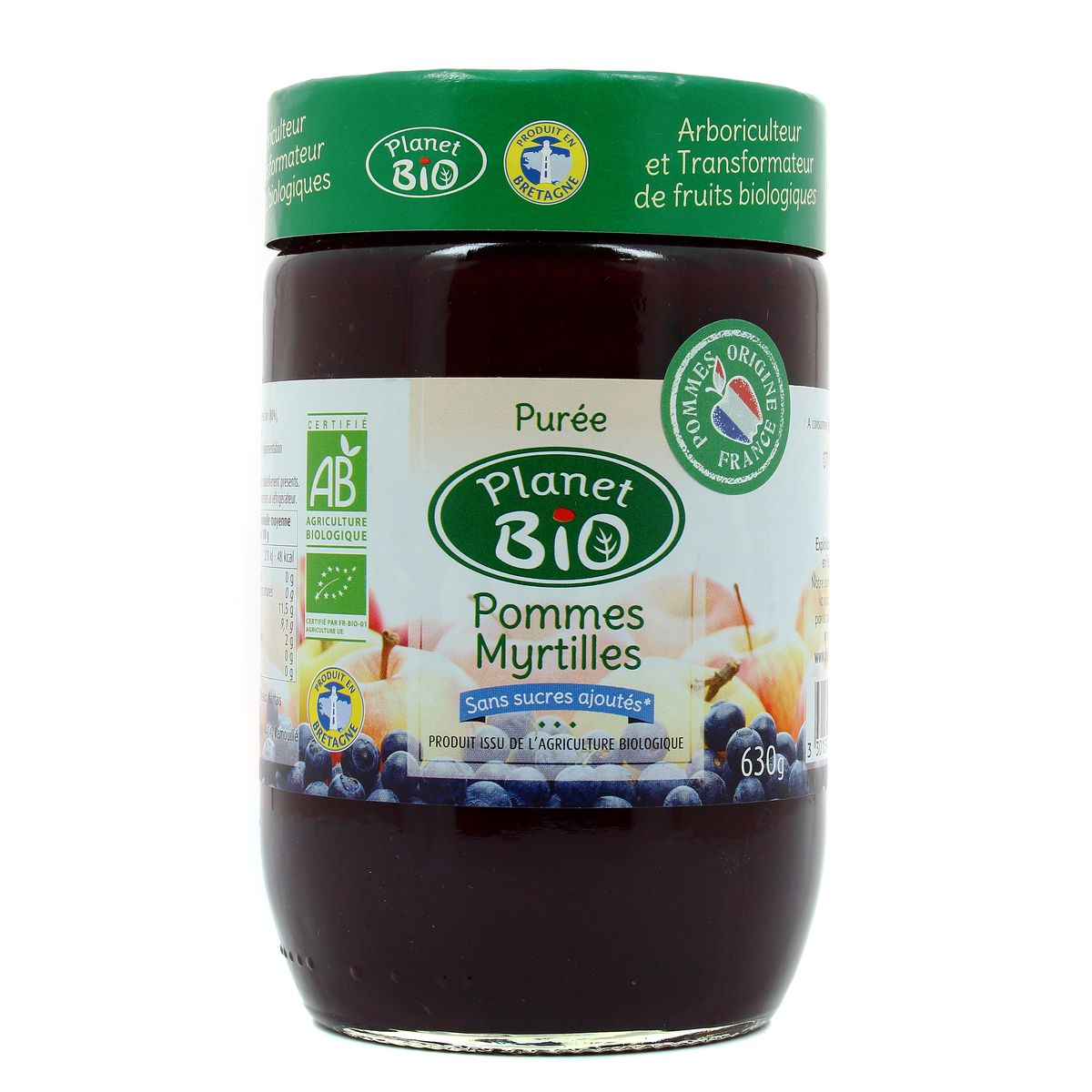 Planet Bio Purée pomme myrtille Bio sans sucre ajoutés, 630g
