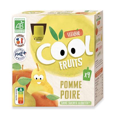 Vitabio - Cool Fruits Pomme et Poire de Provence, Acérola Bio - Purée de Fruits en gourde, 4 gourdes de 90g