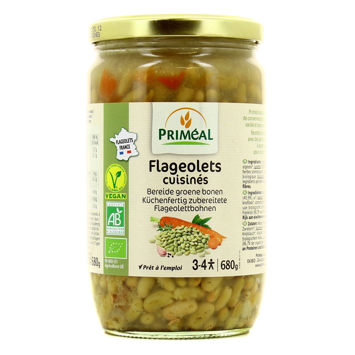 Priméal Flageolets cuisines bio vegan en bocal, 680g