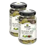 Alnatura Mélange d'Olives vertes et noires de Kalamata aux Herbes Bio sans saumure en bocal, Lot de 2x180g