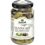 Alnatura Mélange d'Olives vertes et noires de Kalamata aux Herbes Bio sans saumure en bocal, 180g
