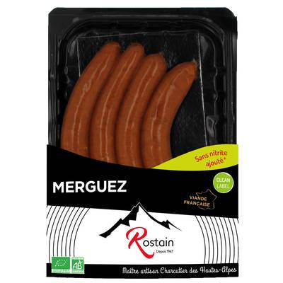 Rostain Merguez Bio Boeuf Agneau Sans Nitrite Ajouté, 4x55g