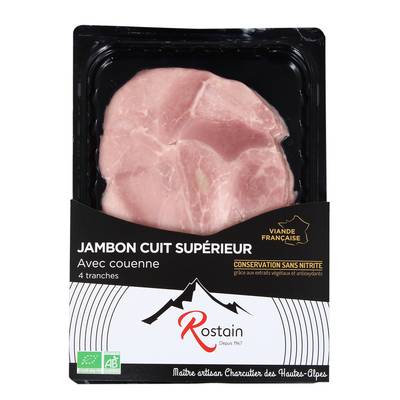 Rostain Jambon cuit bio avec couenne sans nitrite ajouté, 4 tranches - 160g