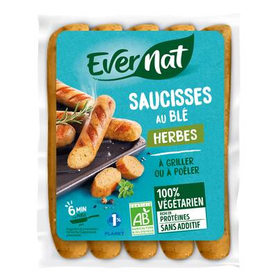 Evernat Saucisses au blé et Herbes bio 100% végétarien, 200g