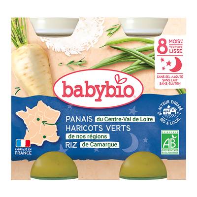 Babybio Panais, Haricots Verts, Riz de Camargue Bio Pot Bébé Dès 8 mois, 2x200g