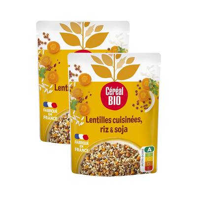 Céréal Bio Lentilles Cuisinées Riz Soja Vegan Bio en sachet micro-ondable, Lot de 2x250g