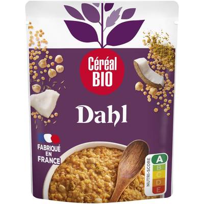 Céréal Bio Dahl de lentilles corail, pois chiches, légumes et soja Bio en sachet micro-ondable, 220g