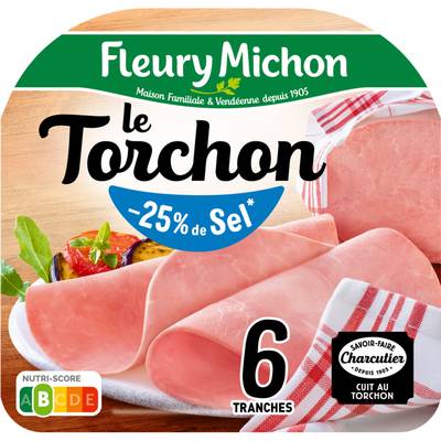 Fleury Michon Jambon Supérieur Le Tranché Fin Torchon Taux de Sel Réduit, 6 tranches - 180g