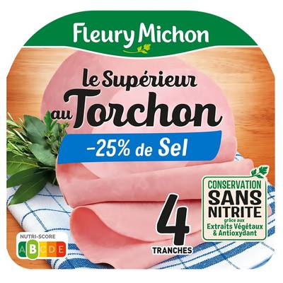 Fleury Michon Jambon Supérieur Le torchon Taux de Sel Réduit, 4 tranches - 120g