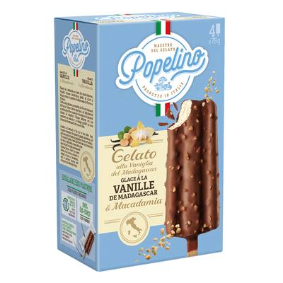 Popelino Glace vanille de Madagascar et macadamia, 4 bâtonnets - 312g