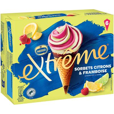 Extrême Cônes glacés citron vert, jaune et framboise, 6 cônes - 426g