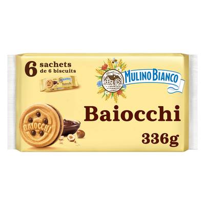 Mulino Bianco Biscuits Baiocchi snack fourrés à la crème aux noisettes et au cacao, 6 étuis - 336g