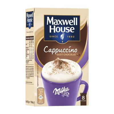 Maxwell House Cappuccino Goût Chocolat Milka, 8 sticks