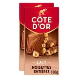 Côte d'Or Chocolat lait noisettes entières, Lot de 2x180g
