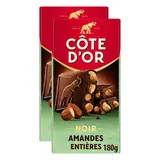 Côte d'Or Chocolat bloc noir amandes entières, Lot de 2x180g