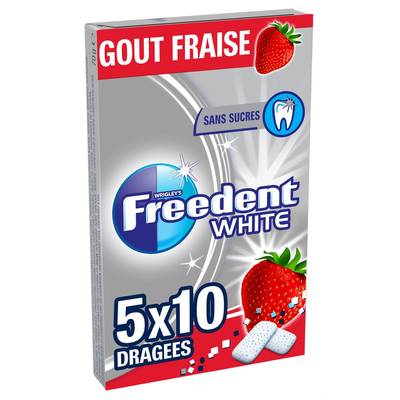 Freedent Chewing gum white fraise sans sucre, 5x10 dragées