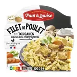 Paul & Louise Filets de Poulet et ses Torsades Sauce aux Champignons en barquette individuelle micro-ondable, 300g