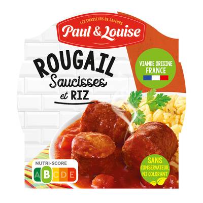 Paul & Louise Rougail Saucisses et son Riz en barquette individuelle micro-ondable, 300g