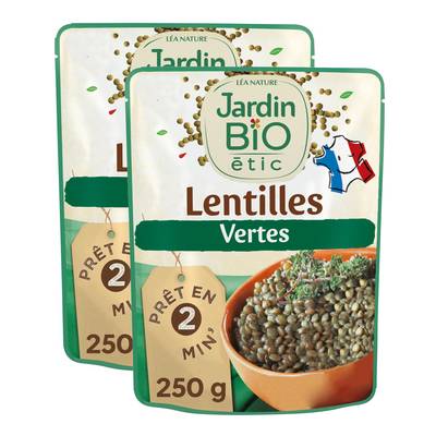 Jardin Bio Etic Lentilles Vertes Bio en sachet micro-ondable, Lot de 2x250g