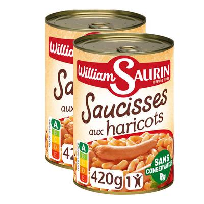 William Saurin Saucisses aux Haricots Cuisinés en conserve individuelle, Lot de 2x420g